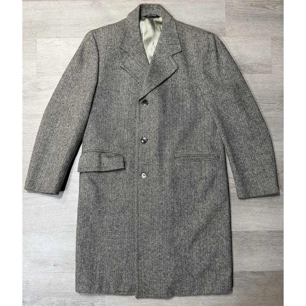 Vintage James Stuart Herringbone Wool Overcoat Men's 40R Gray Long Top Coat USA